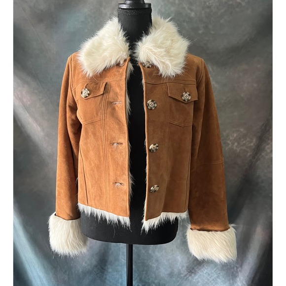 Margaret Godfrey Brown Suede Leather Jacket Faux Fur Collar Cuffs Size 4 - Picture 1 of 7